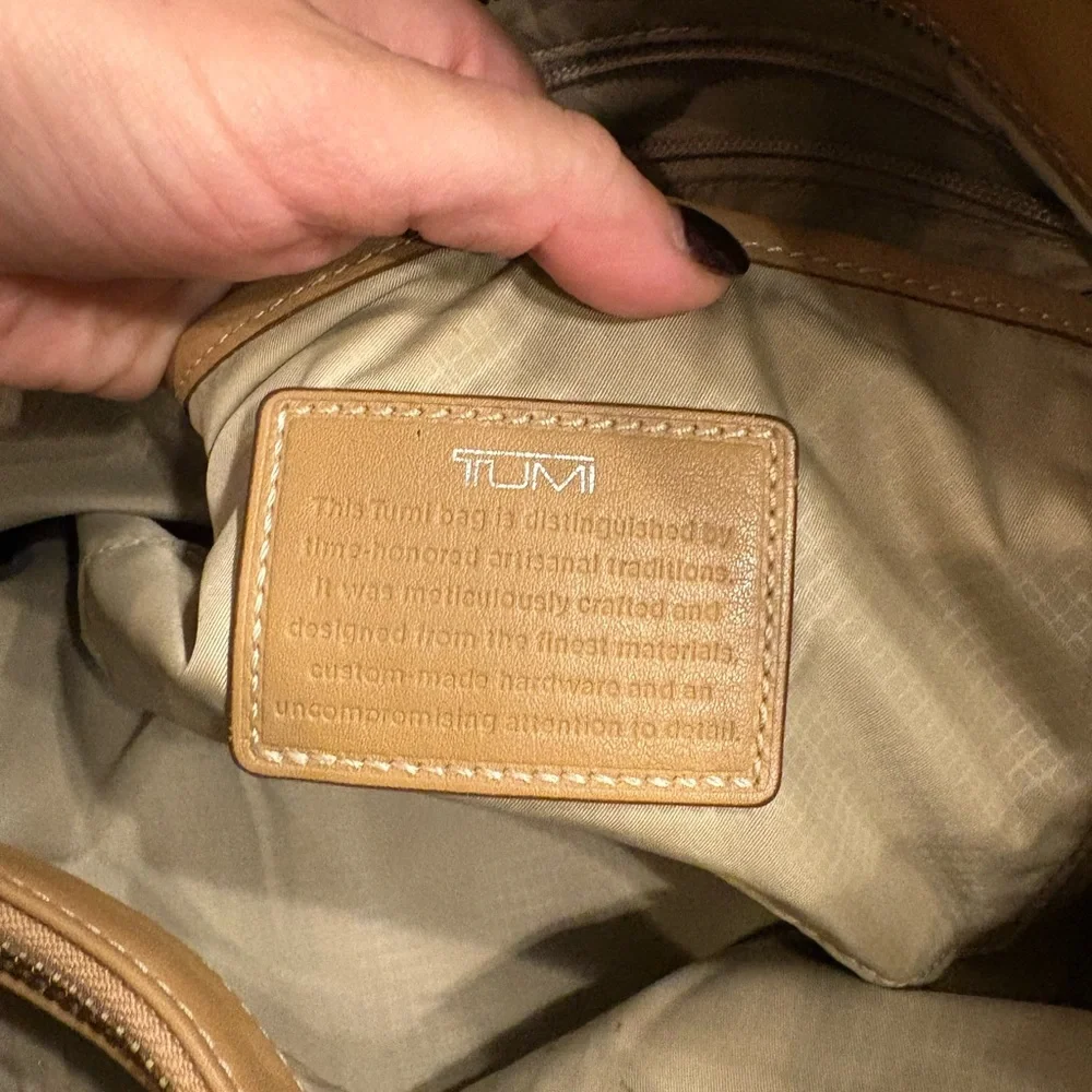 TUMI leather handle shoulder bag camel tan